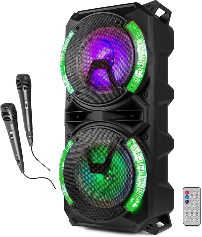 Fenton LIVE280 – Portable Bluetooth Speaker LED 900 W, 2 x Microphone, Trolley and Wheels, LED Light Front Speakers (On/Off), USB and Micro SD, AUX, Bluetooth 5.0 Connection, Battery or Current