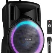 Fenton FT15LED MK2 – Portable Active Speaker, 15" 800W Bluetooth, USB, SD, UHF Wireless Microphone, LED Woofer, Battery, AUX Input, Talkover, Remote Control, Trolley, Stereo Pairing