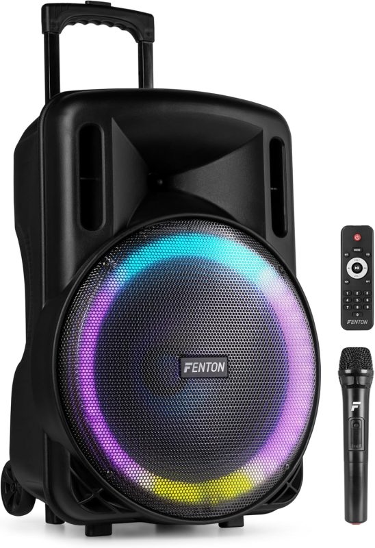 Fenton FT15LED MK2 – Portable Active Speaker, 15" 800W Bluetooth, USB, SD, UHF Wireless Microphone, LED Woofer, Battery, AUX Input, Talkover, Remote Control, Trolley, Stereo Pairing
