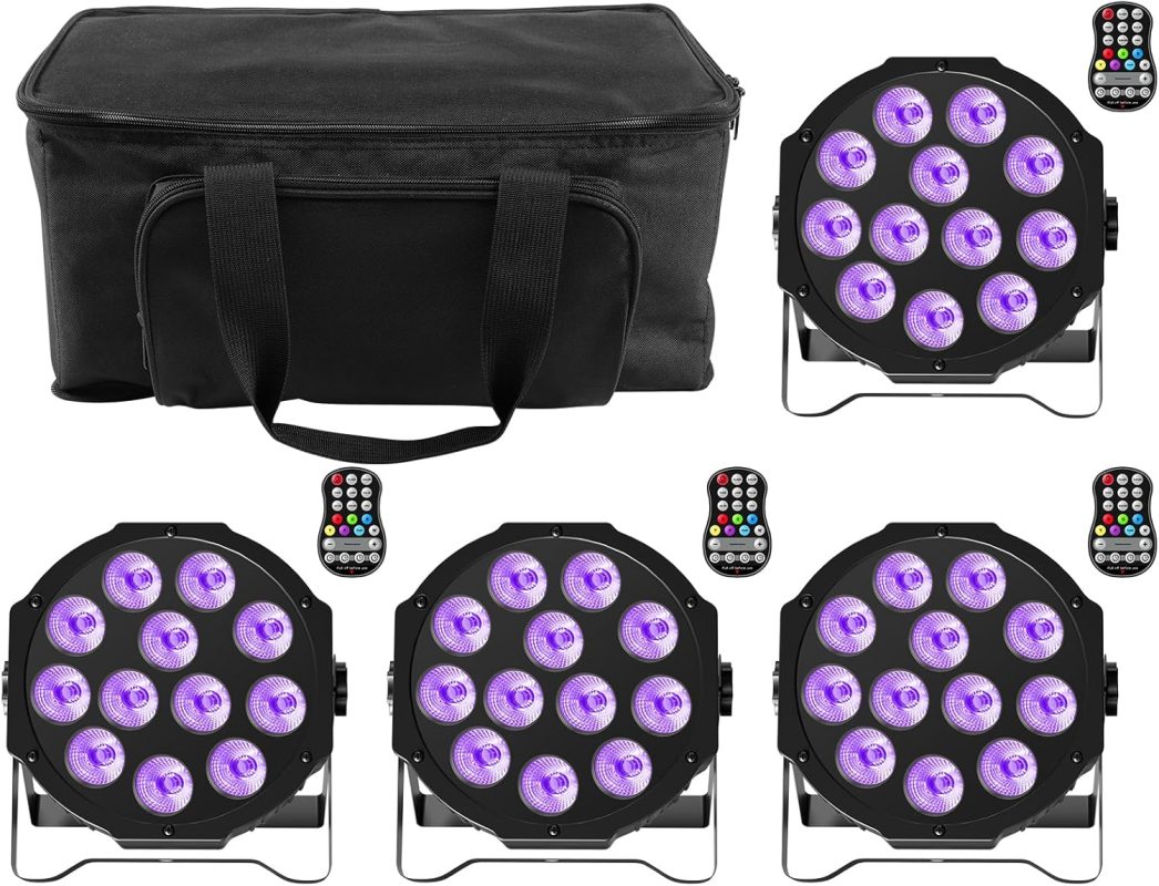 4PCS RGBW LED Battery Pack with Bag, 12 LED Rechargeable Stage Lights with Timing and Sound Activation Function, Outdoor Party Lights for DJ Disco Wedding Birthday