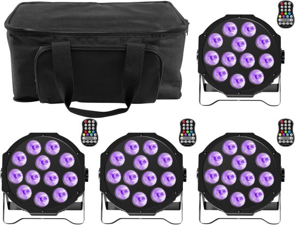 4PCS RGBW LED Battery Pack with Bag, 12 LED Rechargeable Stage Lights with Timing and Sound Activation Function, Outdoor Party Lights for DJ Disco Wedding Birthday