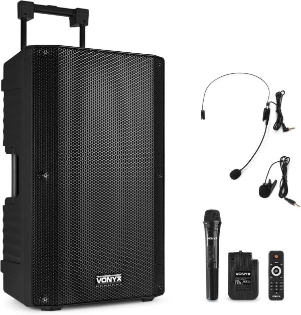 Vonyx VSA700-BP Portable Speaker 15 Inches and 1000 W with Battery, 3 Wireless Microphones, Bluetooth 5.0, MP3, Built-in Amplifier, Ideal Presentations, Conferences, Musicians, DJs, Parties