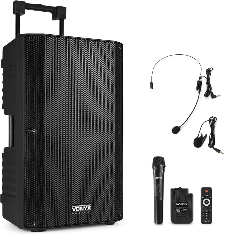 Vonyx VSA700-BP Portable Speaker 15 Inches and 1000 W with Battery, 3 Wireless Microphones, Bluetooth 5.0, MP3, Built-in Amplifier, Ideal Presentations, Conferences, Musicians, DJs, Parties