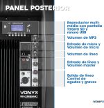 Vonyx SPJ-1500ABT Active Speaker 15" Autoamplified 800W with Bluetooth, MP3 Player, USB/SD, Microphone Input, Powerful Subwoofer, Professional Sound for Parties, DJs, Events and Karaoke - Imagen 3