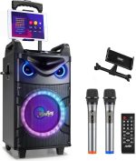 Moukey Karaoke Machine, 10 Inch Subwoofer PA System, Bluetooth Speaker with 2 Wireless Microphones, Tablet Holder, Disco Lights, Remote Control, Wheels, Supports Adjustable