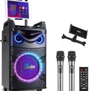 Moukey Karaoke Machine, 10 Inch Subwoofer PA System, Bluetooth Speaker with 2 Wireless Microphones, Tablet Holder, Disco Lights, Remote Control, Wheels, Supports Adjustable
