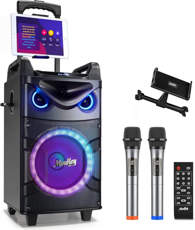 Moukey Karaoke Machine, 10 Inch Subwoofer PA System, Bluetooth Speaker with 2 Wireless Microphones, Tablet Holder, Disco Lights, Remote Control, Wheels, Supports Adjustable