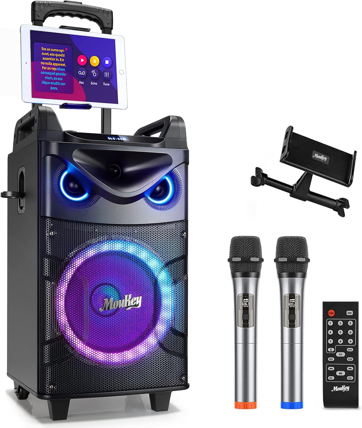 Moukey Karaoke Machine, 10 Inch Subwoofer PA System, Bluetooth Speaker Moukey Karaoke Machine, 10 Inch Subwoofer PA System, Bluetooth Speaker with 2 Wireless Microphones, Tablet Holder, Disco Lights, Remote Control, Wheels, Supports Adjustable