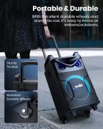 Moukey Karaoke Machine, 10 Inch Subwoofer PA System, Bluetooth Speaker with 2 Wireless Microphones, Tablet Holder, Disco Lights, Remote Control, Wheels, Supports Adjustable - Imagen 7