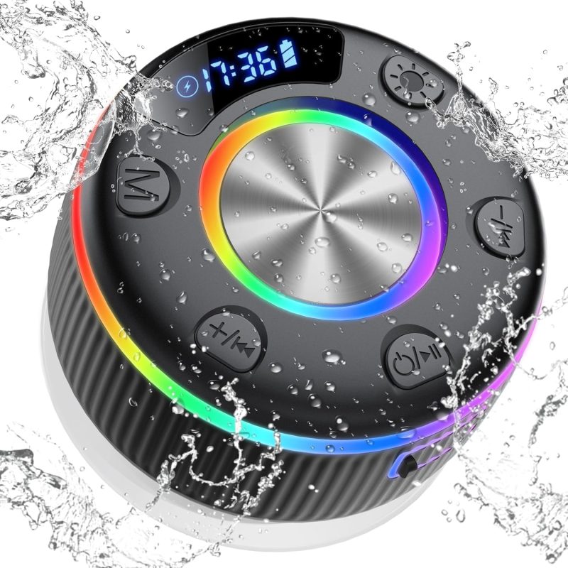 Bluetooth Speaker with Stereo Sound, IPX7 Waterproof Music Box with Suction Cup and Lanyard, Built-in Microphone, Wireless Speaker