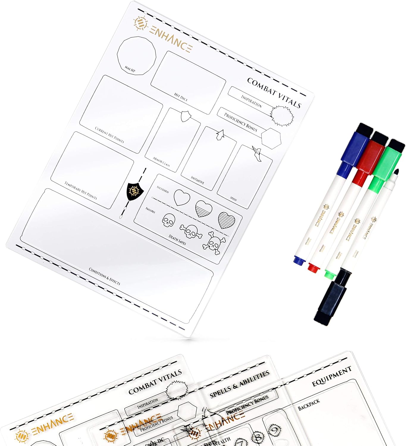 ENHANCE Tabletop Acrylic Character Sheet Set - 5e Dungeons and ENHANCE Tabletop Acrylic Character Sheet Set - 5e Dungeons and Dragons Reusable Character Sheets for All DND 5e Classes, Includes 3 Sheets, Dry Erase Markers, More