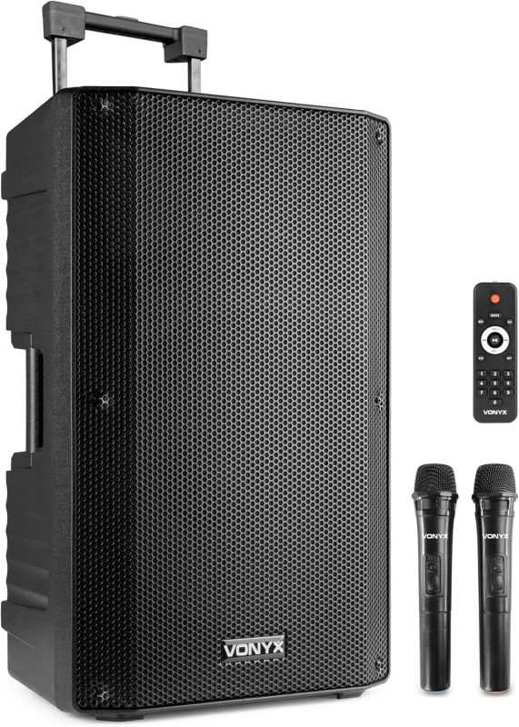 Vonyx VSA700 – Portable Speaker 15 Inches and 1000 W with Battery, 2 Wireless Handheld Microphones, Bluetooth 5.0, MP3, Built-in Amplifier, Ideal Presentations, Conferences, Musicians, DJ