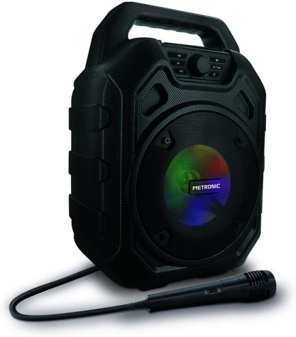 Metronic 477188 – Powerful Bluetooth Speaker 45 W Portable, LED Lights, USB Socket, Micro-SD, AUX-IN, Microphone Input, Microphone Included, FM Radio, with Ergonomic Handle for Easy Transport