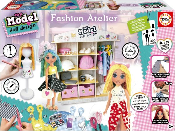 Educa - My Model Doll Design Fashion Atelier | CREATE over 300 amazing different looks. Articulated doll, comb it, cut the fabric and dress it up. Includes mannequin and wardrobe (19350)