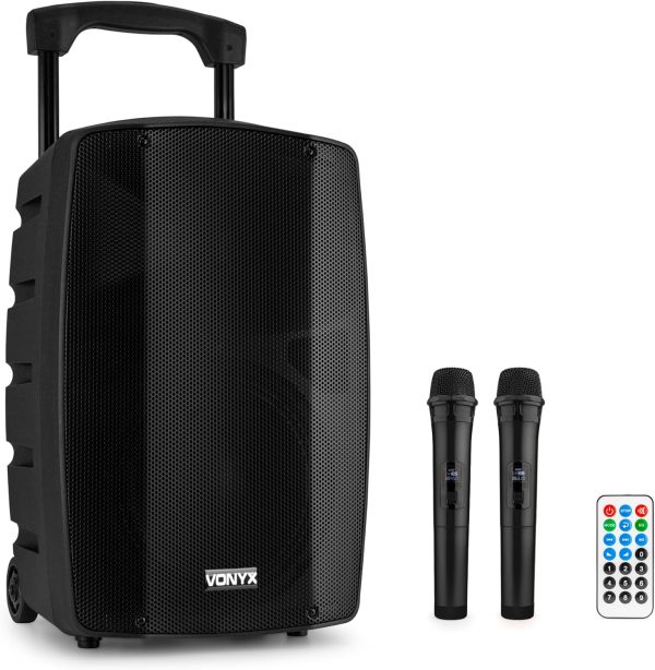 Vonyx VSP200 200W Autoamplified Speaker with Battery, Bluetooth, FM Radio, USB/SD, MP3 Player and 2 Wireless Microphones – Rechargeable Portable Sound Ideal for Events, Parties or Outdoors