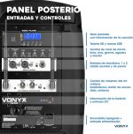 Vonyx VSP200 200W Autoamplified Speaker with Battery, Bluetooth, FM Radio, USB/SD, MP3 Player and 2 Wireless Microphones – Rechargeable Portable Sound Ideal for Events, Parties or Outdoors - Imagen 8