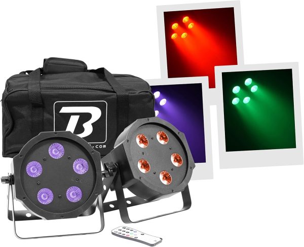 BoomToneDJ FlatPAR 5X5W 4in1 Set RGB-UV - Juego de 2 luces de escenario LED multicolor con DMX 512 Modos automáticos, detección musical, mando a distancia IR incluido Link fuente de alimentación.