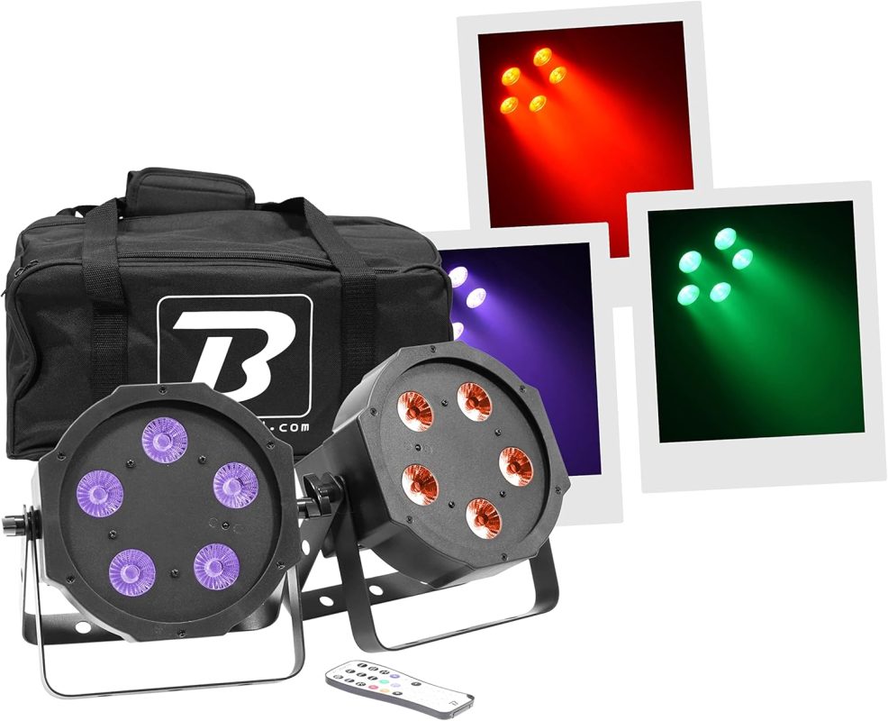 BoomToneDJ FlatPAR 5X5W 4in1 Set RGB-UV - Juego de 2 luces de escenario LED multicolor con DMX 512 Modos automáticos, detección musical, mando a distancia IR incluido Link fuente de alimentación.