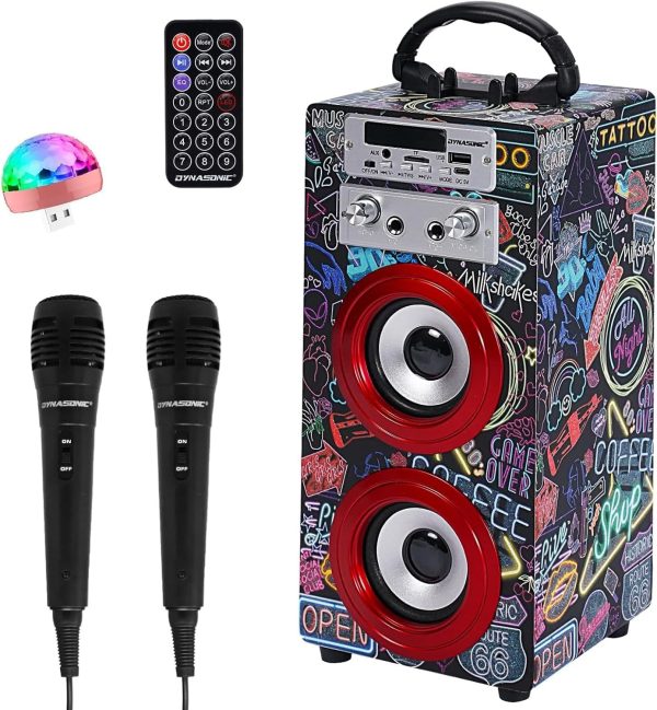 DYNASONIC Portable Karaoke Machine, Karaoke Speaker with 2 Microphones, Bluetooth Speaker, USB Light Included, USB and SD Reader, Exclusive Design, Original Gift (025-21 Light)