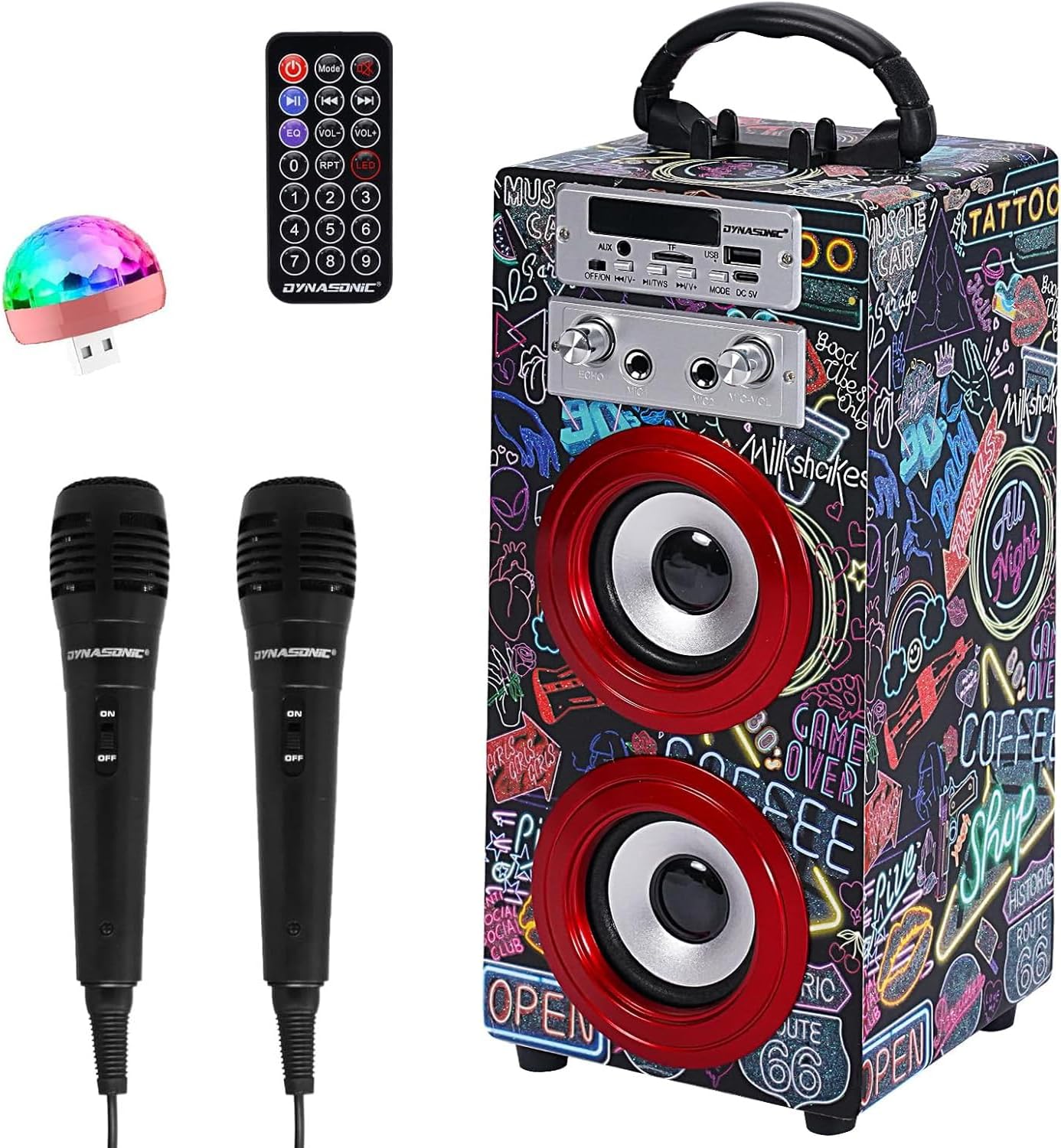 DYNASONIC Portable Karaoke Machine, Karaoke Speaker with 2 Microphones, Bluetooth DYNASONIC Portable Karaoke Machine, Karaoke Speaker with 2 Microphones, Bluetooth Speaker, USB Light Included, USB and SD Reader, Exclusive Design, Original Gift (025-21 Light)