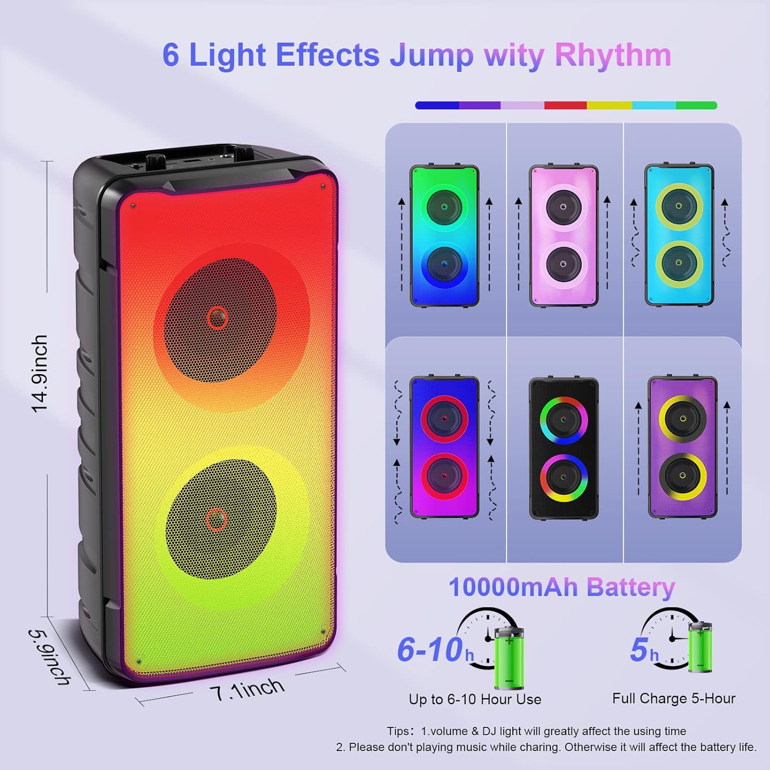 A67 Bluetooth 5.0 Stereo Speakers, 60W Portable Wireless Speaker (80W Peak) with Rich Bass, Colorful Lights, 10000mAh Battery, Outdoor for Home Party Favors - Imagen 3