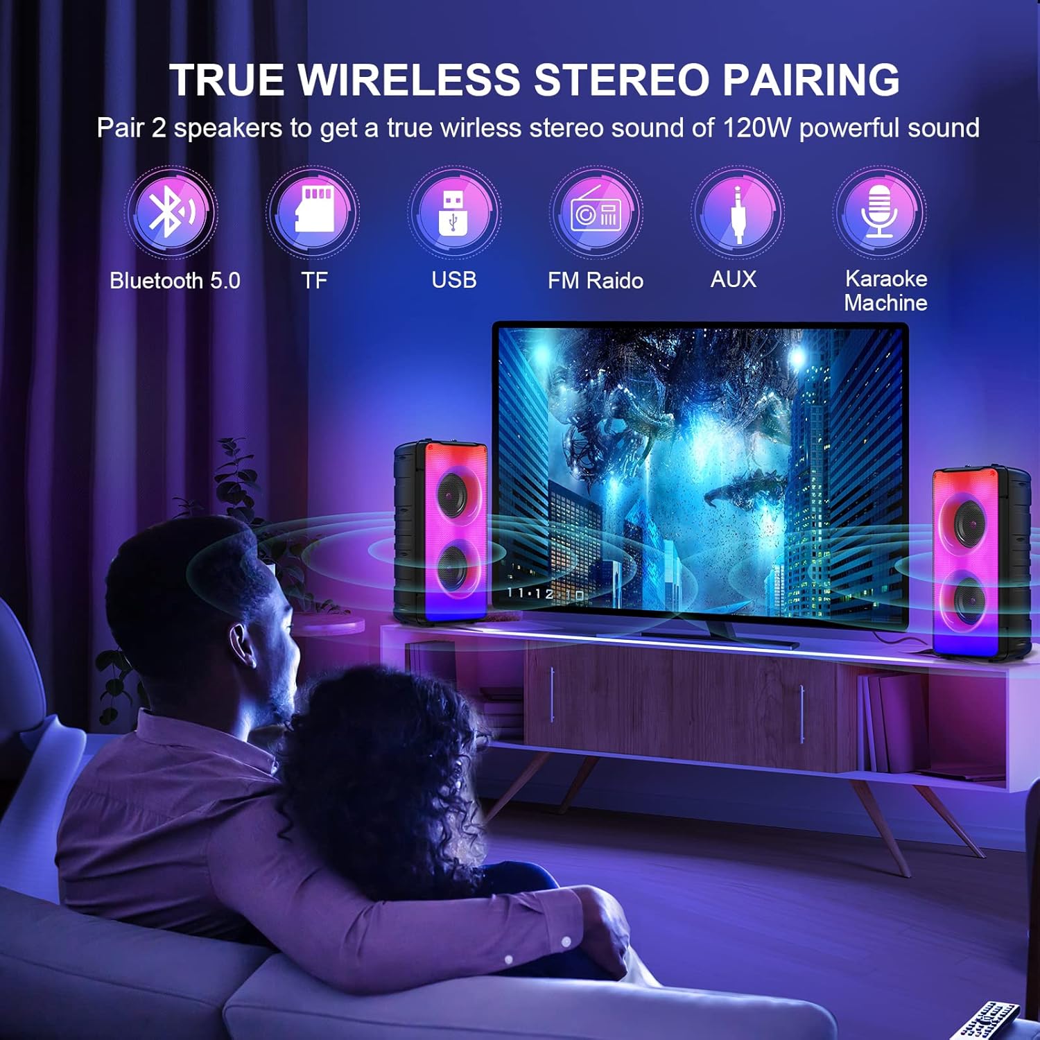 A67 Bluetooth 5.0 Stereo Speakers, 60W Portable Wireless Speaker (80W Peak) with Rich Bass, Colorful Lights, 10000mAh Battery, Outdoor for Home Party Favors - Imagen 4