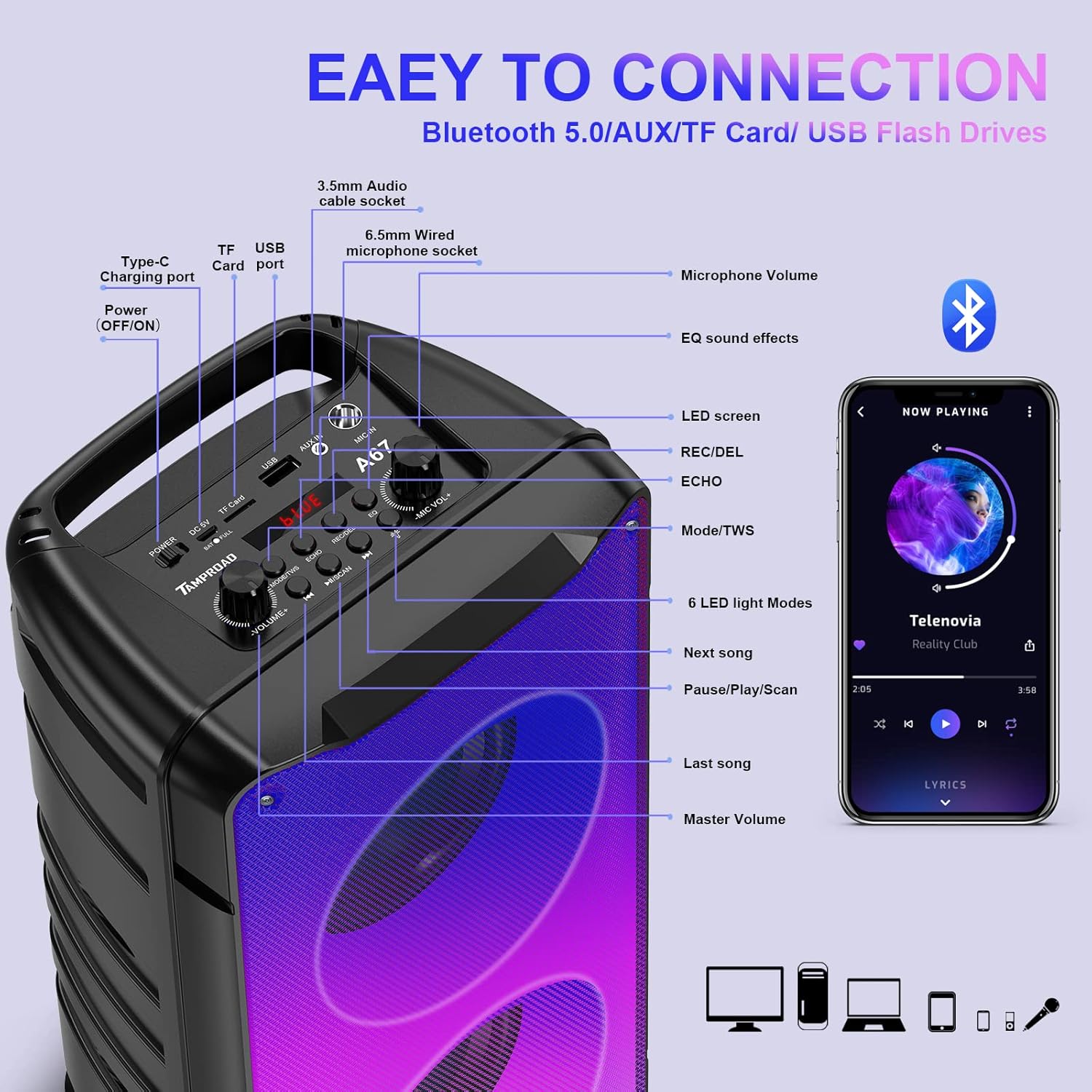 A67 Bluetooth 5.0 Stereo Speakers, 60W Portable Wireless Speaker (80W Peak) with Rich Bass, Colorful Lights, 10000mAh Battery, Outdoor for Home Party Favors - Imagen 5