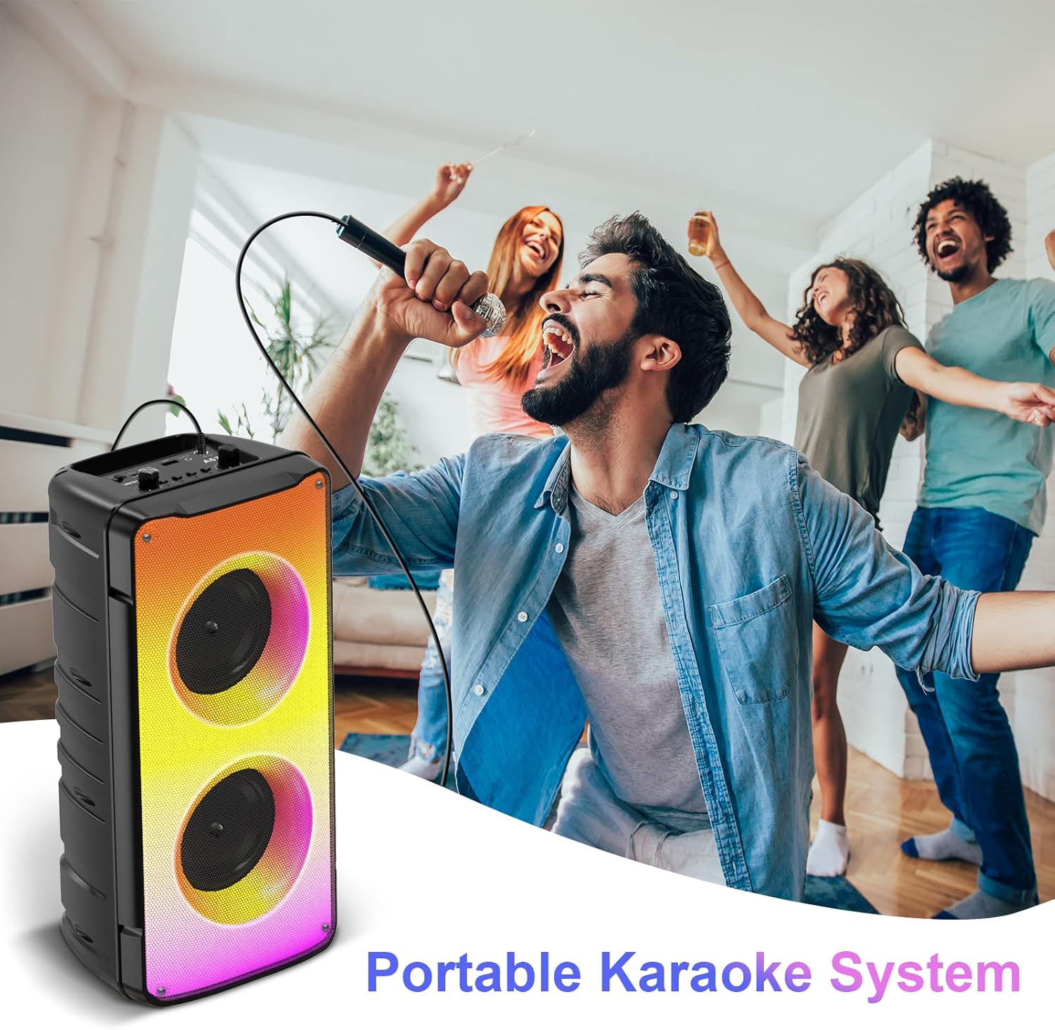 A67 Bluetooth 5.0 Stereo Speakers, 60W Portable Wireless Speaker (80W Peak) with Rich Bass, Colorful Lights, 10000mAh Battery, Outdoor for Home Party Favors - Imagen 6
