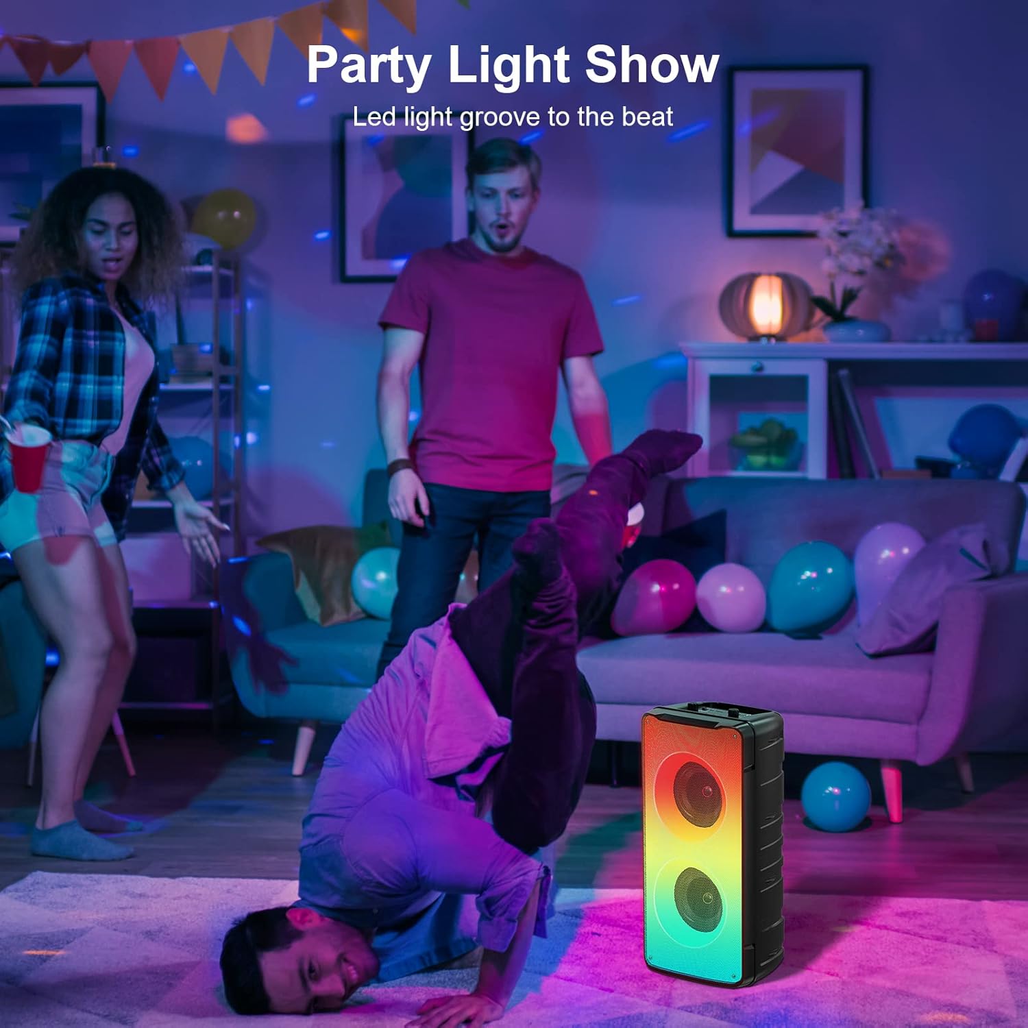 A67 Bluetooth 5.0 Stereo Speakers, 60W Portable Wireless Speaker (80W Peak) with Rich Bass, Colorful Lights, 10000mAh Battery, Outdoor for Home Party Favors - Imagen 7