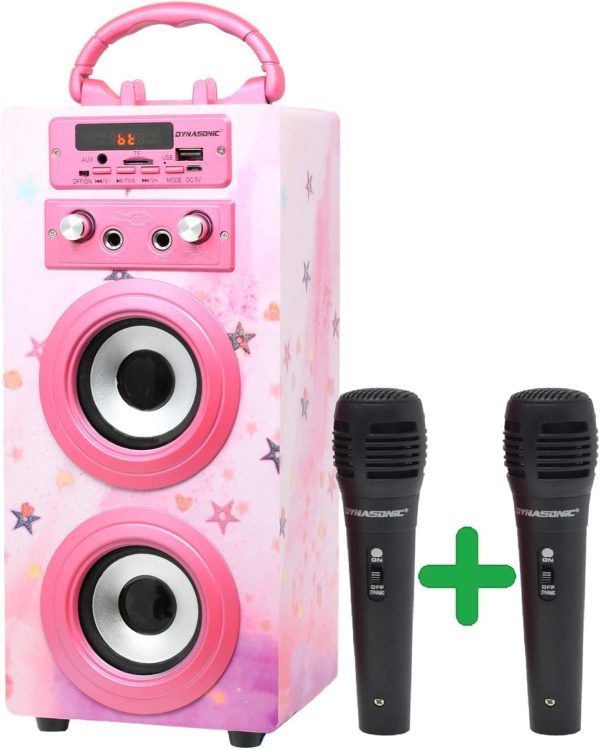 DYNASONIC Portable Karaoke Machine, 2 Microphones, Bluetooth Speaker, Lights, USB and SD Reader (025-15)