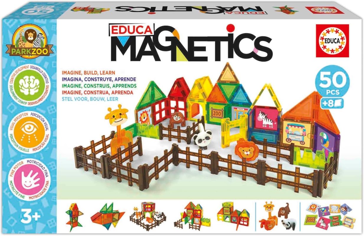 Educa - Magnetics Parck Zoo | Educational 3D Magnetic Building Set with 50 Pieces for Children, Includes 4 Animals and 8 Cards, Build Geometric Figures, Ages 3 (20270)