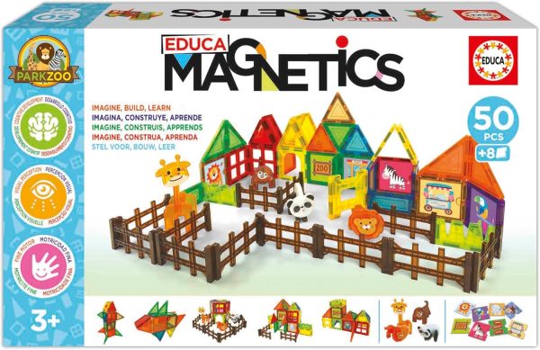 Educa - Magnetics Parck Zoo | Educational 3D Magnetic Building Set with 50 Pieces for Children, Includes 4 Animals and 8 Cards, Build Geometric Figures, Ages 3 (20270)