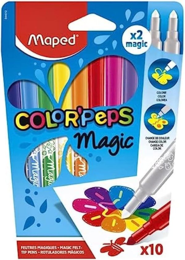 Maped - Markers for Kids - Color's Peps Magic - 10 Medium Tip Markers - Includes 2 Developers - Color Changing Ink - Variety of Colors