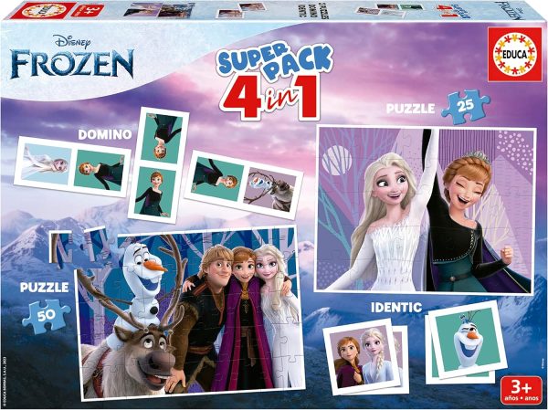 Educa - Frozen Superpack, Children's Board Games such as Domino, Identic and 2 25 and 50 Piece Puzzles, Multiple Game Possibilities to Play Solo or Accompanies, From 3 Years Old (19737)