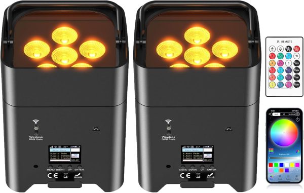 2pcs 18-W*6 Pair LED Bulb Rechargeable Battery with Remote Control, RGBWA+UV Stage Light Controlled by APP/DMX, Disco Light for Party DJ Bar Wedding Concert Birthday