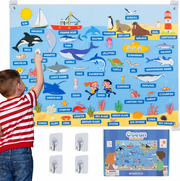 BONNYCO Felt Chalkboard with 107 Sea Animal Figures, Toys Children Montessori, Gifts for Children 3 to 8 Years. Sensory Panel Autism, Children's Educational Games Christmas