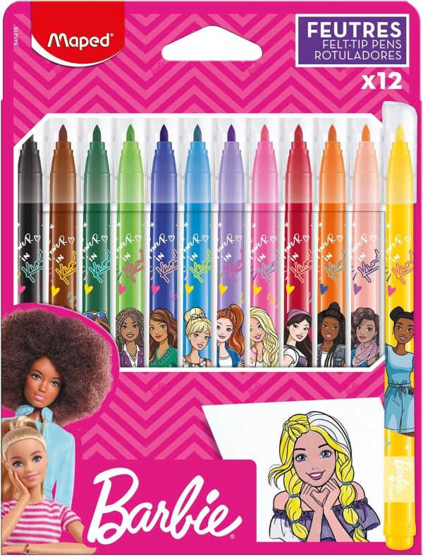 Maped Barbie Coloured Markers - 12 Units - Wide Colour Range, Easy Erase - Unlimited Creativity