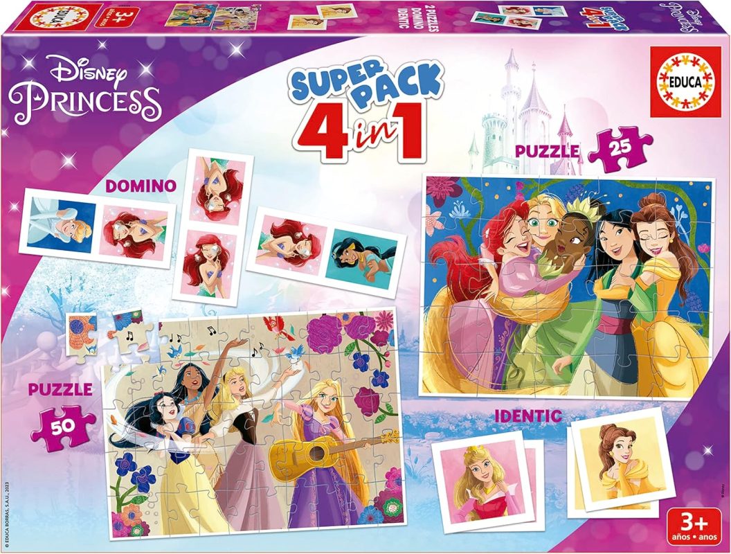 Educa - Superpack Disney Princess | Board Games and Puzzles for Children: Dominoes, Identic with 28 Cards and 2 Puzzles of 25 and 50 Pieces