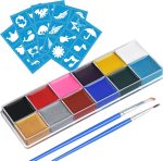 URAQT Body and Face Paint, 12 Colors Safety Non-Toxic Face Paint, Face Painting Kit with 30 Templates 2 Brushes, Makeup Paint for Children Halloween Parties Cosplay