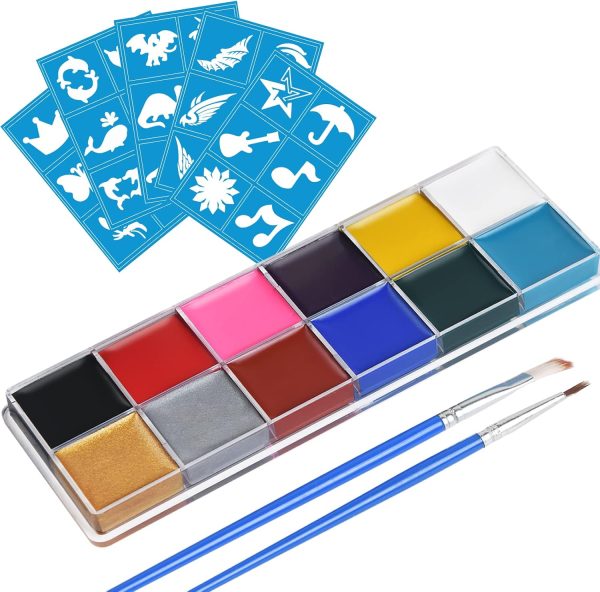 URAQT Body and Face Paint, 12 Colors Safety Non-Toxic Face Paint, Face Painting Kit with 30 Templates 2 Brushes, Makeup Paint for Children Halloween Parties Cosplay