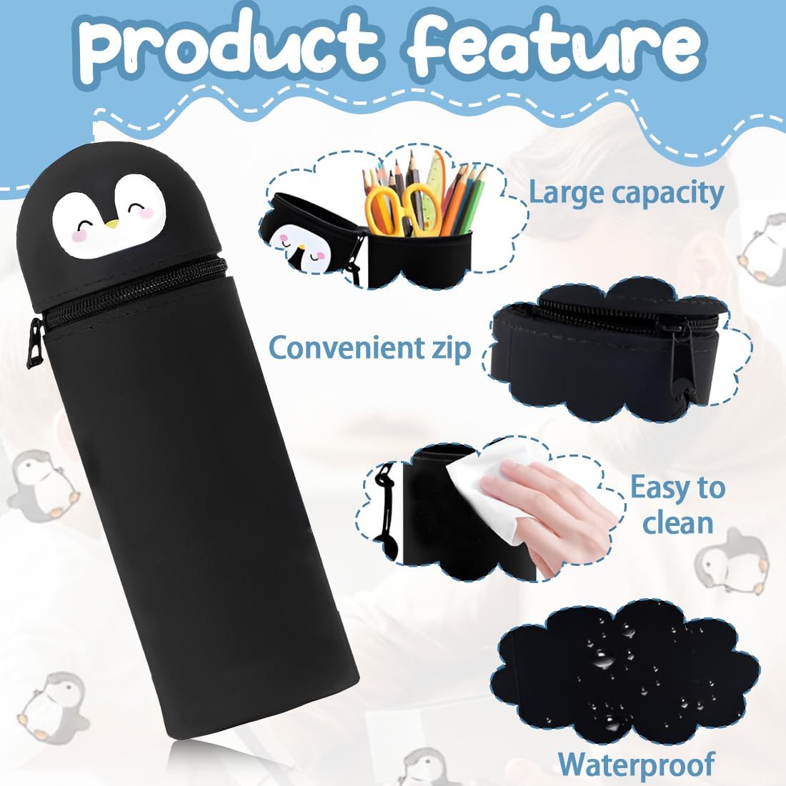Kawaii 2 in 1 Soft Silicone School Case, Penguin Theme, Table Pen Holder, Zipper, Colored Pencils Markers, H 18.5 cm (Penguin) - Imagen 3