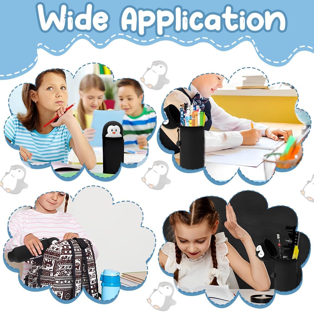 Kawaii 2 in 1 Soft Silicone School Case, Penguin Theme, Table Pen Holder, Zipper, Colored Pencils Markers, H 18.5 cm (Penguin) - Imagen 5