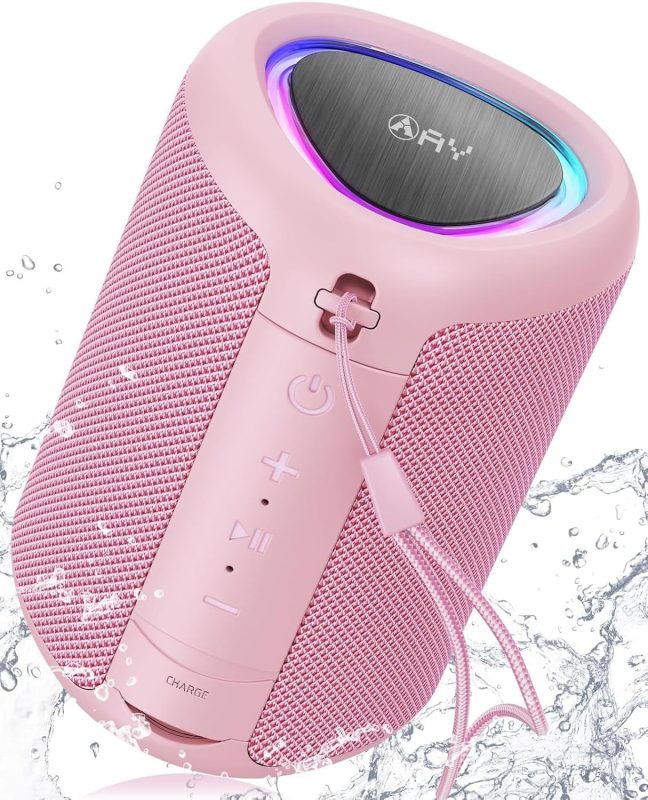 AY Portable Bluetooth Speaker with Lights, IPX5 Waterproof, Stereo Speaker, AUX&TF-Card Input, 24H Autonomy, Compact Bluetooth 5.3 Wireless Speaker for Camping, Travel, Outdoors