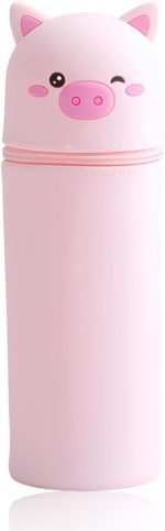 1 Piece Kawaii 2 in 1 Kawaii School Legami Case Soft Silicone, 18.5 x 6.5 cm Animal Theme for Table Pen Holder, Zipper, Coloured Pencils Marker (Pig)
