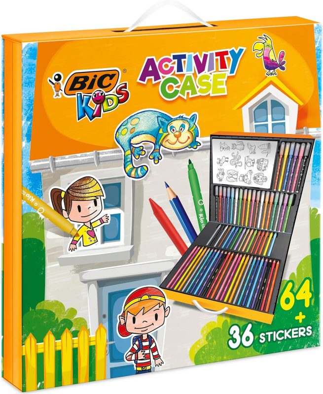 BIC Kids Activity Case, 100 Piece Creative Case Includes 24 Pencils, 24 Markers, 16 Crayons and 36 Stickers, Includes 36 Stickers, Great for Gift, Fun Assured