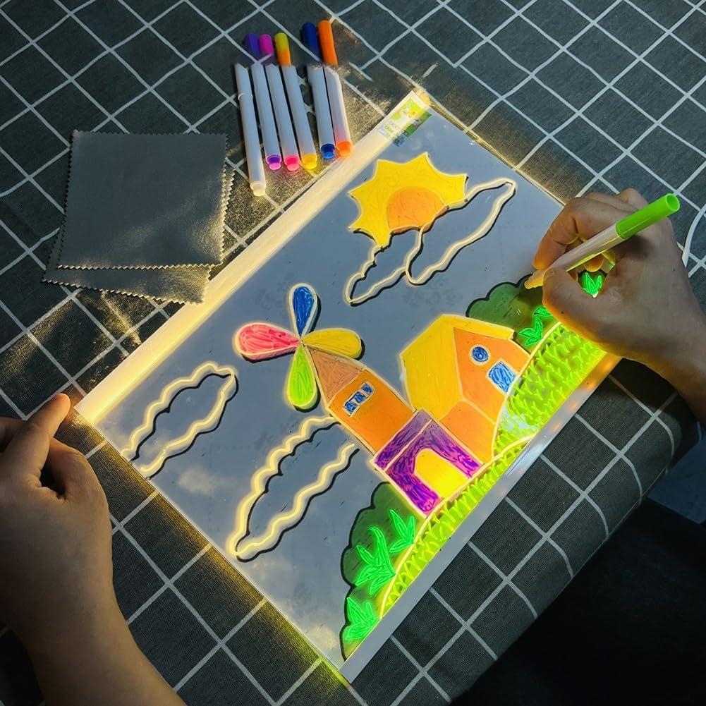 DIY LED Acrylic Drawing Board Kit for Kids, Lighted Writing Pad and Art with 7 Colored Pens and Stand, Creative Educational Light for Family Activities (30x20 - Imagen 3