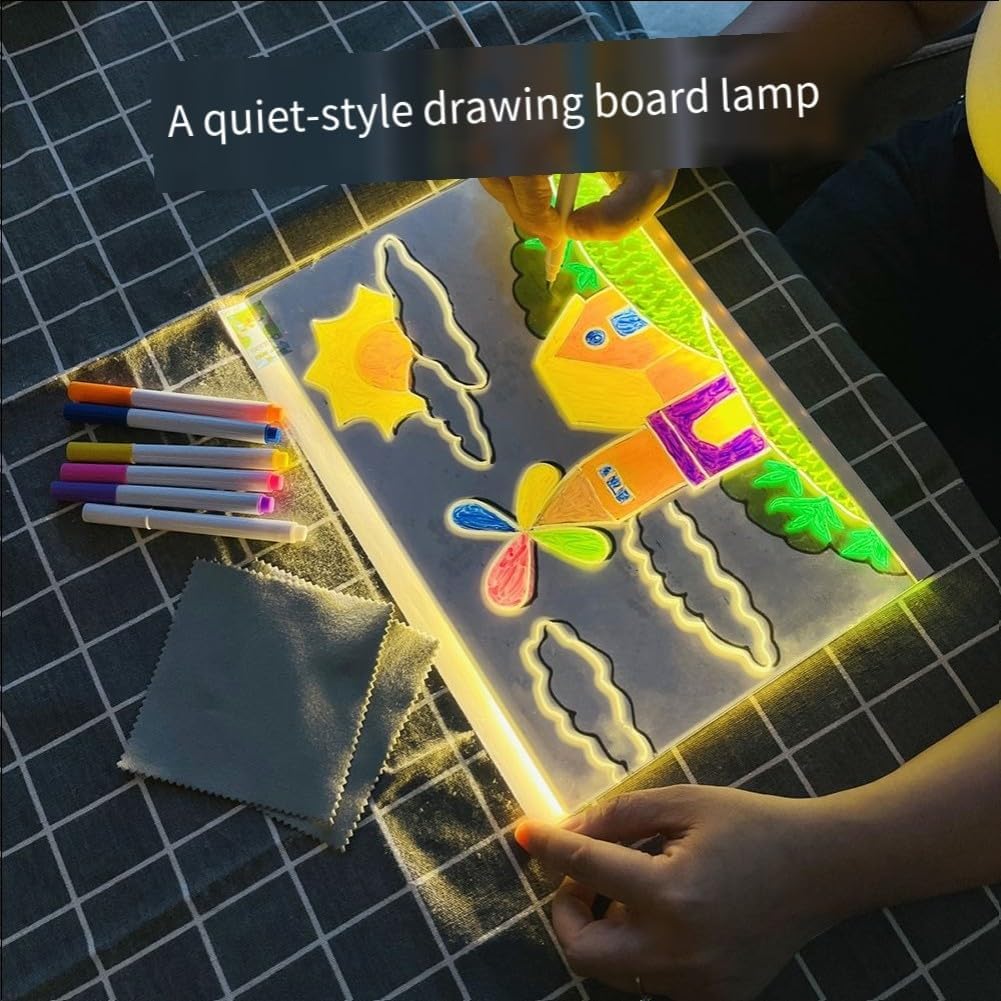 DIY LED Acrylic Drawing Board Kit for Kids, Lighted Writing Pad and Art with 7 Colored Pens and Stand, Creative Educational Light for Family Activities (30x20 - Imagen 7