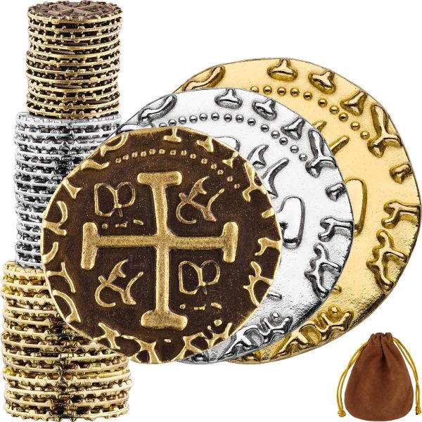 Metal Pirate Coins - 36 Gold, Silver and Bronze Coins for Adult Board Games, Kids Board Games, Treasure Chest, DND, Gloomhaven Fake Money - Mix Size
