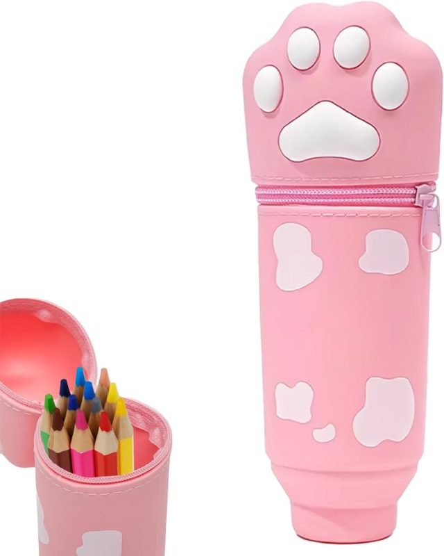 1 Piece Kawaii 2 in 1 Kawaii School Legami Case Soft Silicone, 18.5 x 6.5 cm Cat Paw Theme for Table Pen Holder, Zipper, Coloured Pencils Marker Pens (Pink, A)