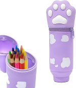 1 Piece Kawaii 2 in 1 Kawaii School Legami Case Soft Silicone, 18.5 x 6.5 cm Cat Paw Theme for Table Pen Holder, Zipper, Coloured Pencils Marker Pens (Purple, C)